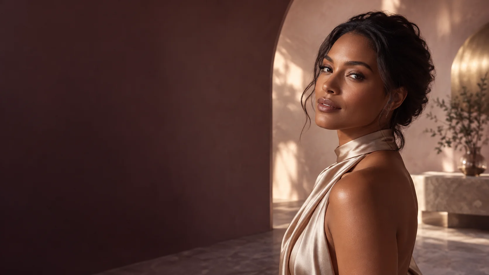 Editorial beauty portrait in a dusty-rose interior with champagne light