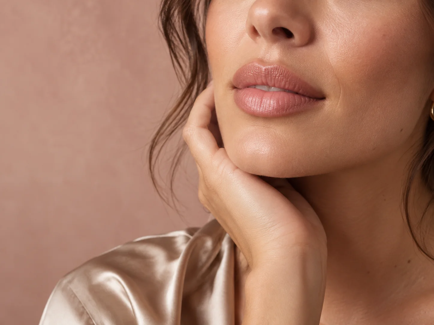 Editorial close-up of natural lips and skin in soft rose light