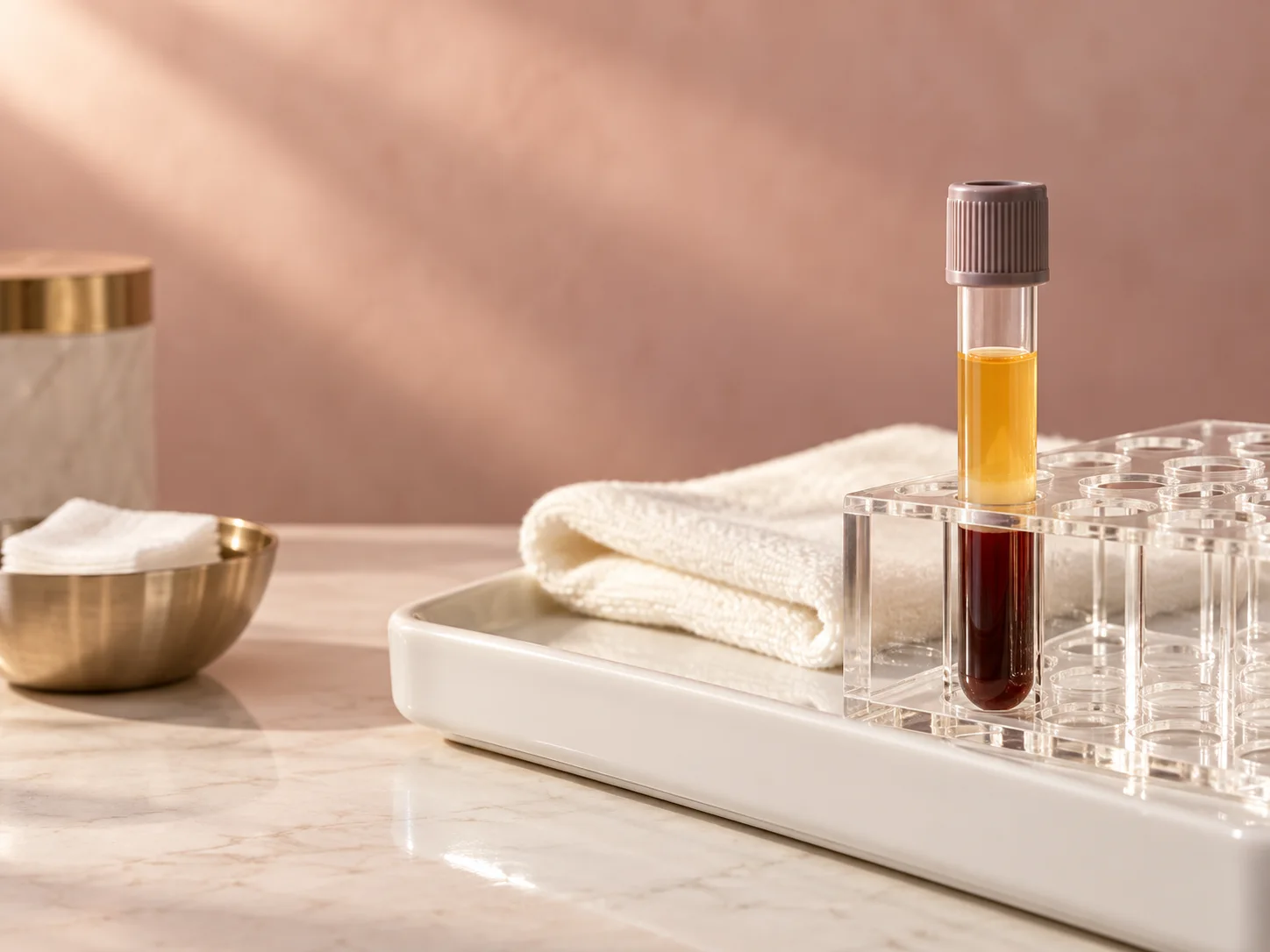 Conceptual clinical still life of a sealed sample tube and clean tray